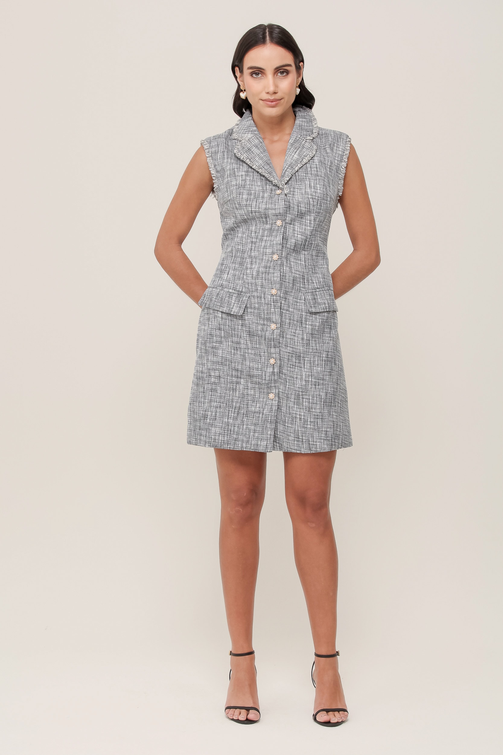 Vestido Em Tweed Detalhe Franjas Preto