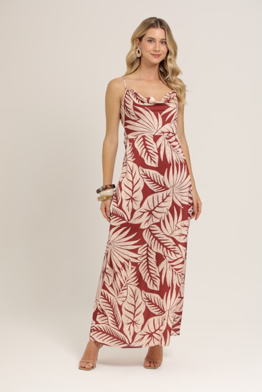 Vestido Estampa Folhas Vinho