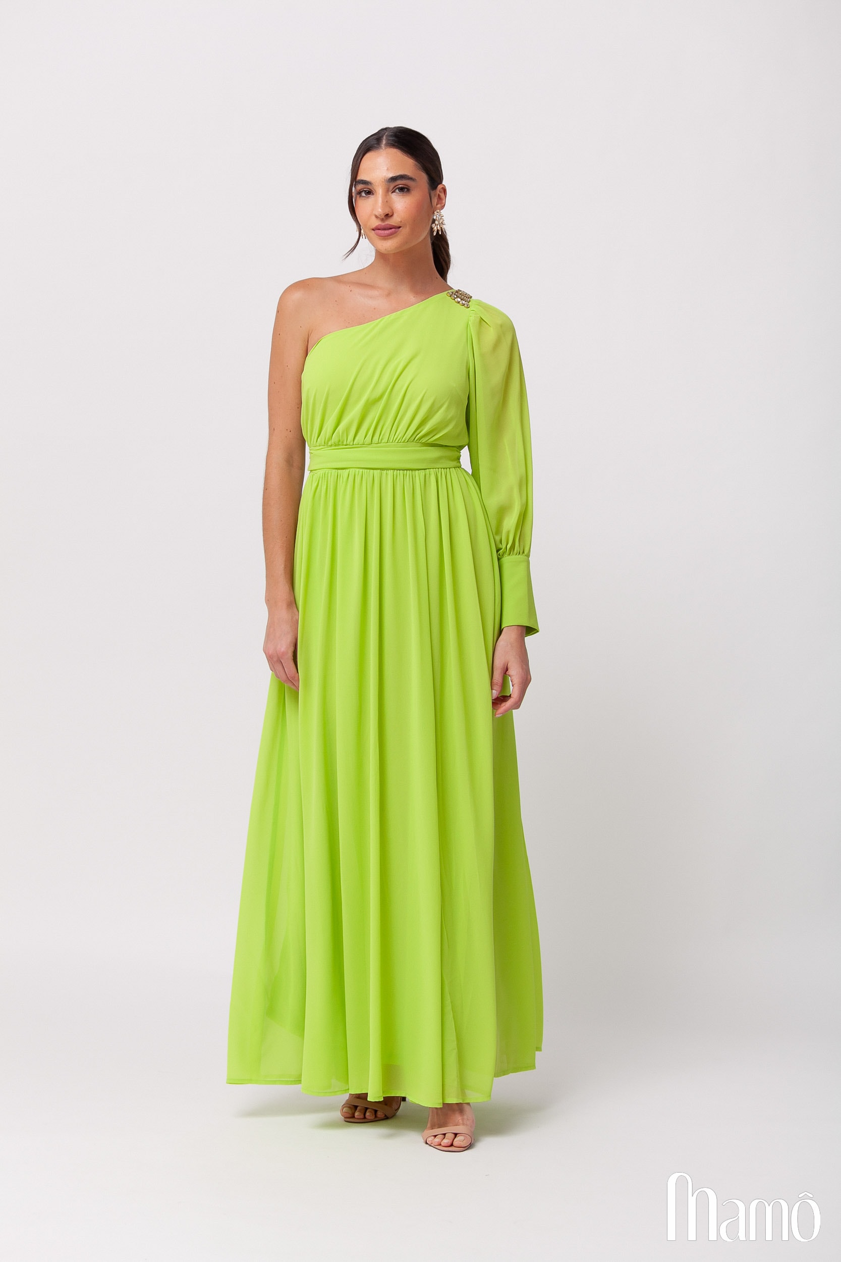 Vestido Festa Longo em Chiffon com Pedraria no Ombro Lima