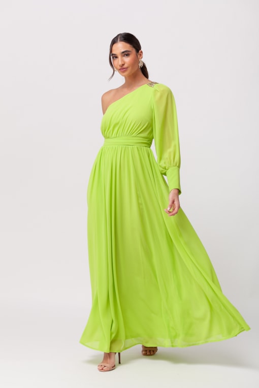 Vestido Festa Longo em Chiffon com Pedraria no Ombro Lima