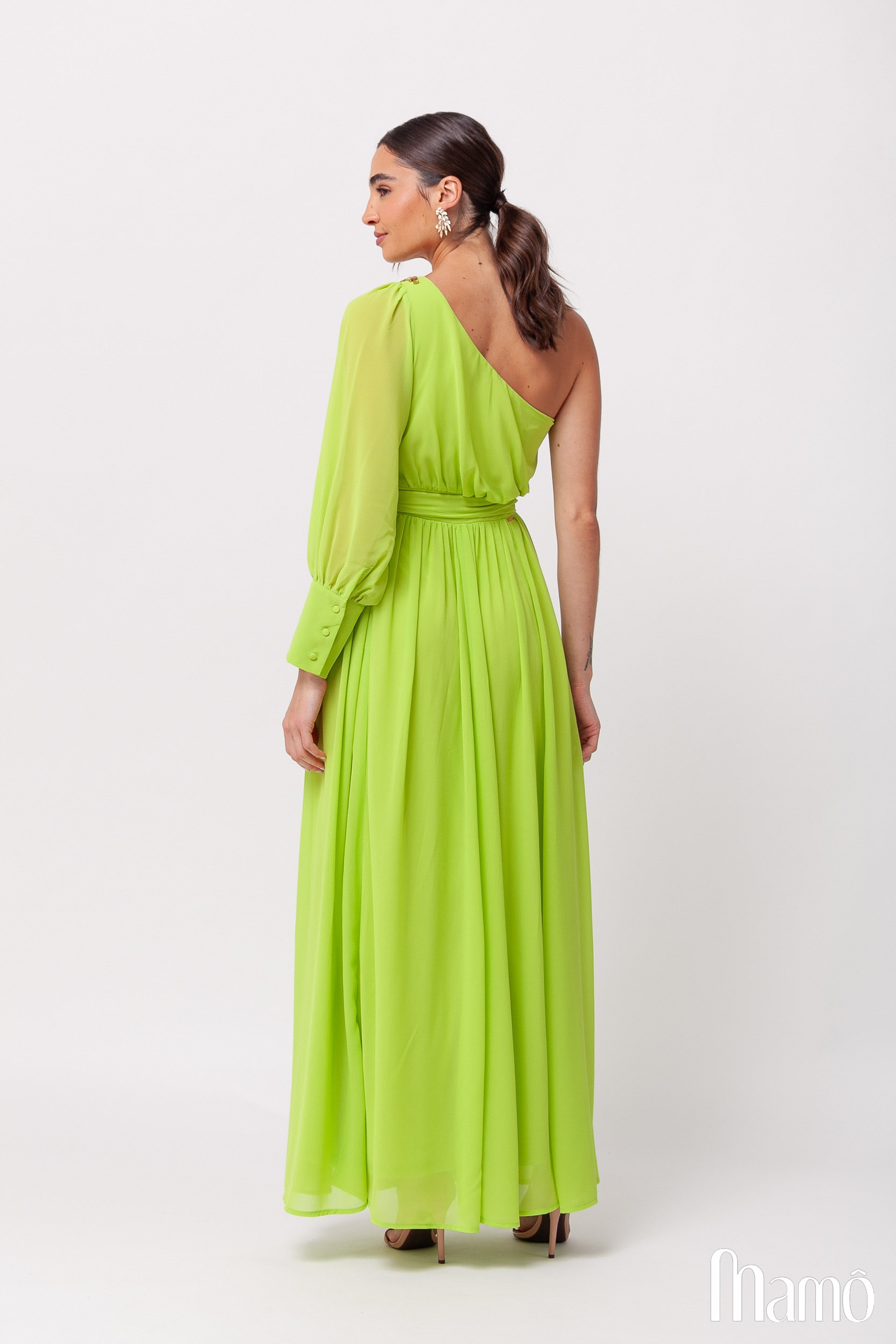 Vestido Festa Longo em Chiffon com Pedraria no Ombro Lima