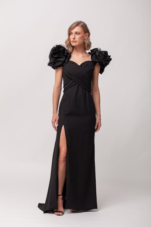 Vestido Festa Manga Babados Fenda Preto