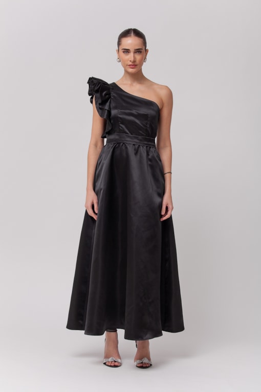 Vestido Festa Midi Manga Babados Preto