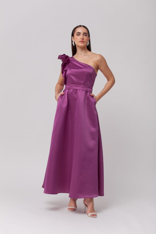 Vestido Festa Midi Manga Babados Roxo 