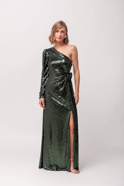 Vestido Festa Paetê Manga Só Longa Verde 