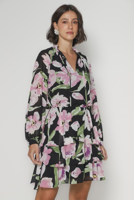 Vestido Floral Curto Chiffon   Preto