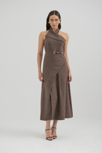 Vestido Frente Única Lã Batida Xadrez Marrom