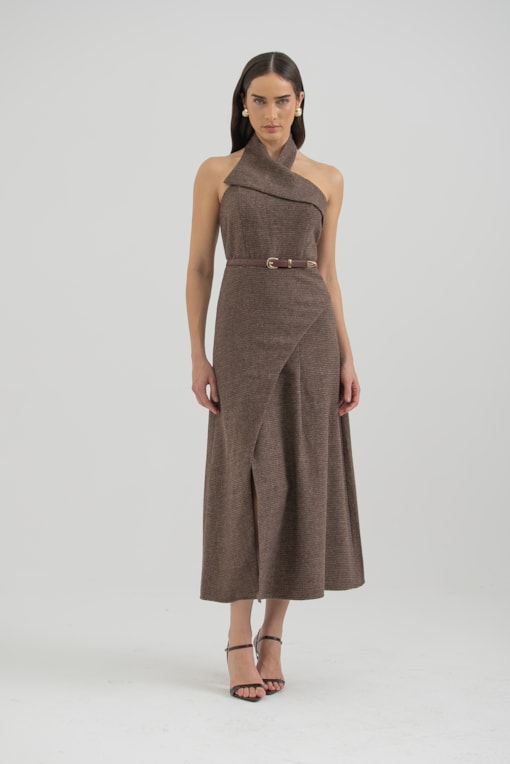 Vestido Frente Única Lã Batida Xadrez Marrom