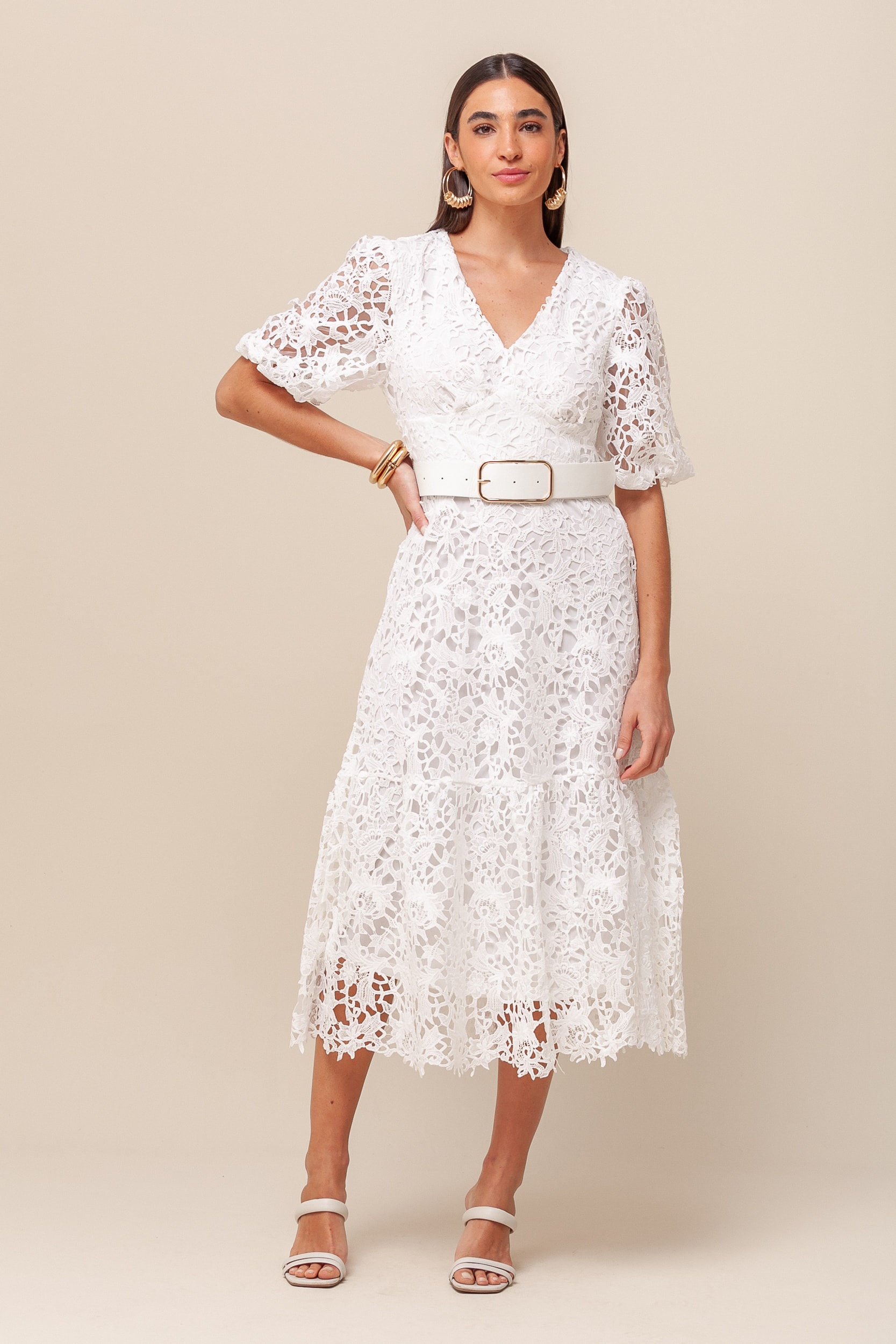 Vestido Guipir Manga Princesa  Branco