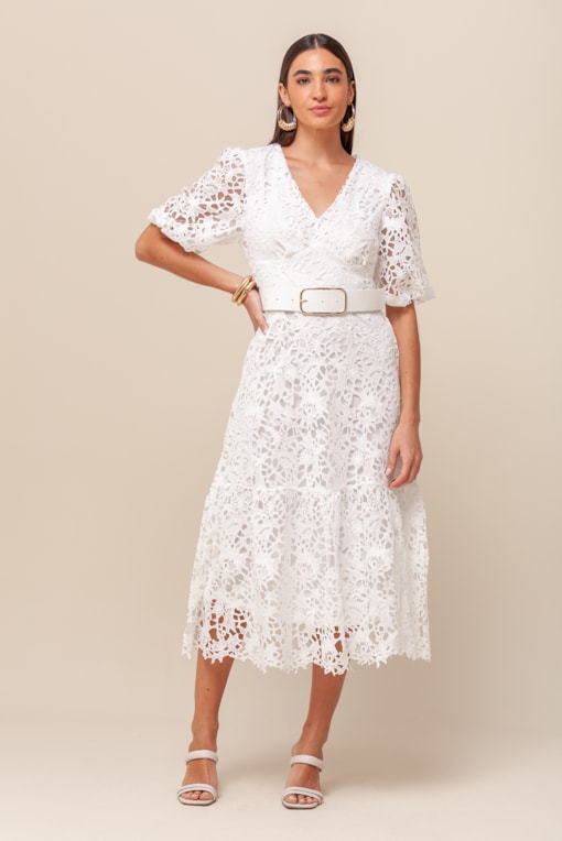 Vestido Guipir Manga Princesa  Branco