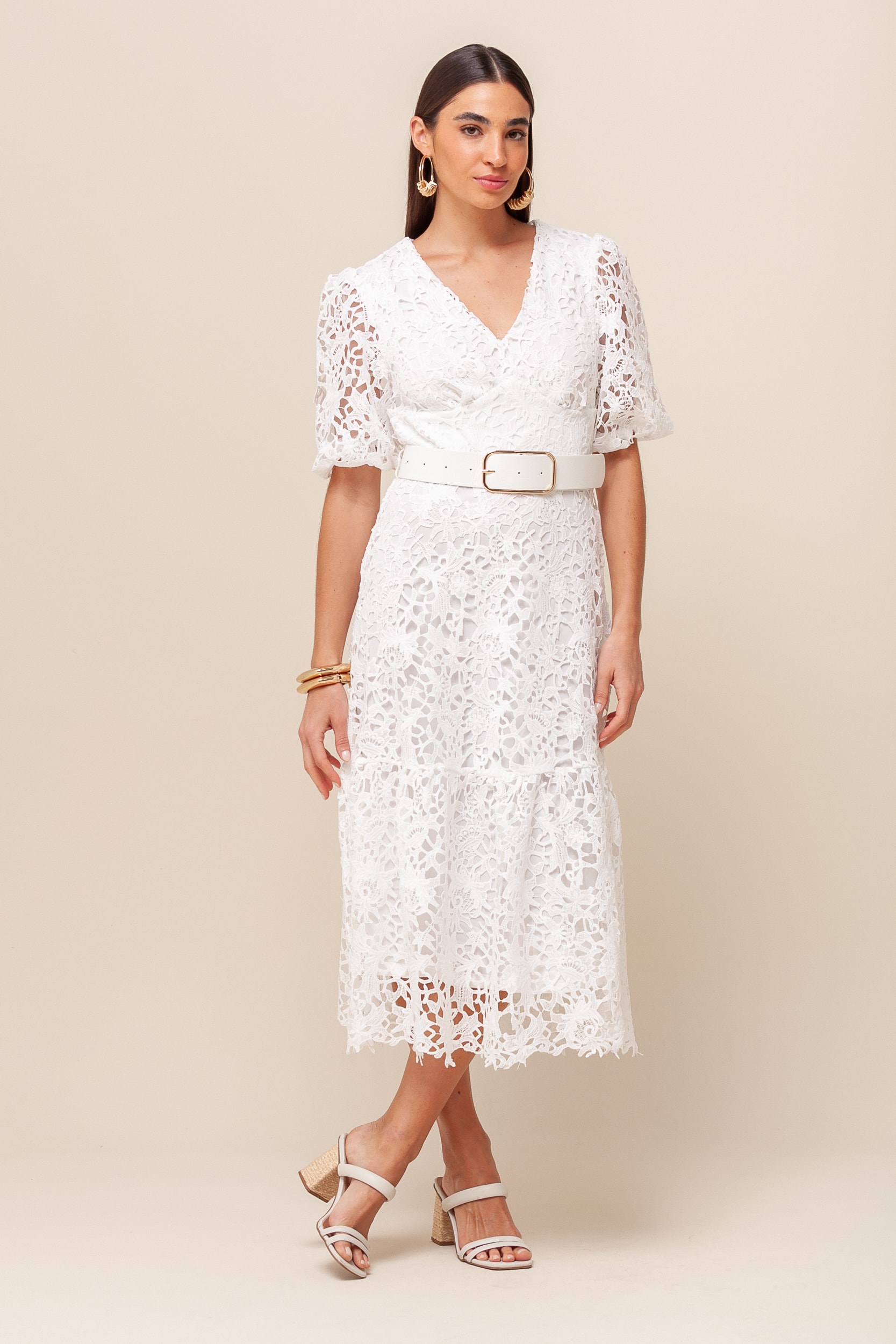 Vestido Guipir Manga Princesa  Branco