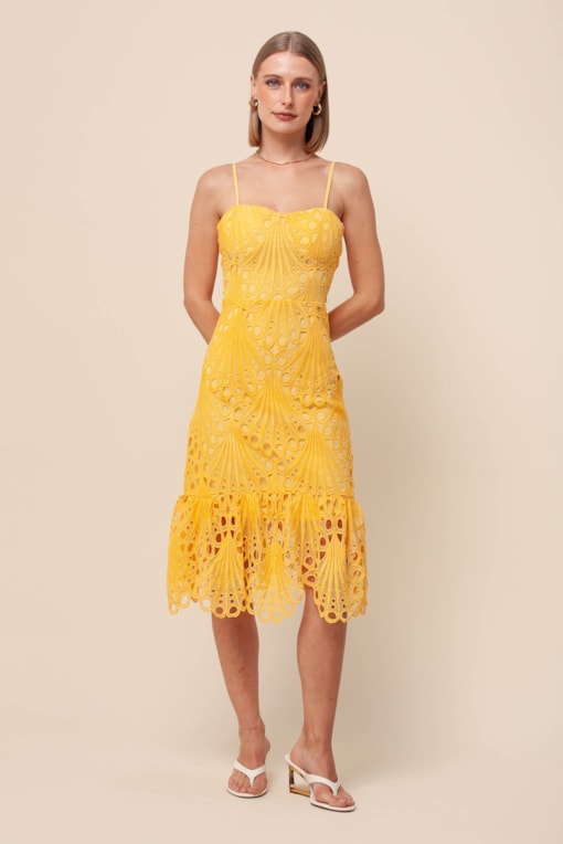 Vestido Guipure Curto Saia Barrado Amarelo