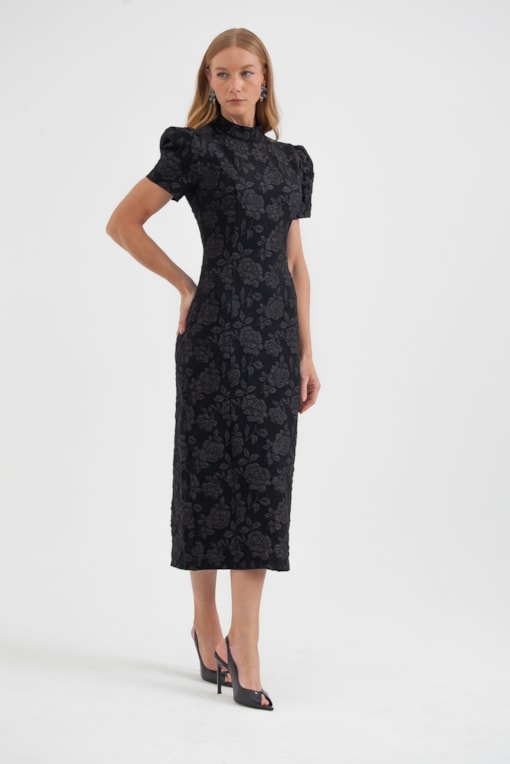 Vestido Jacquard Floral Manga Bufante Preto