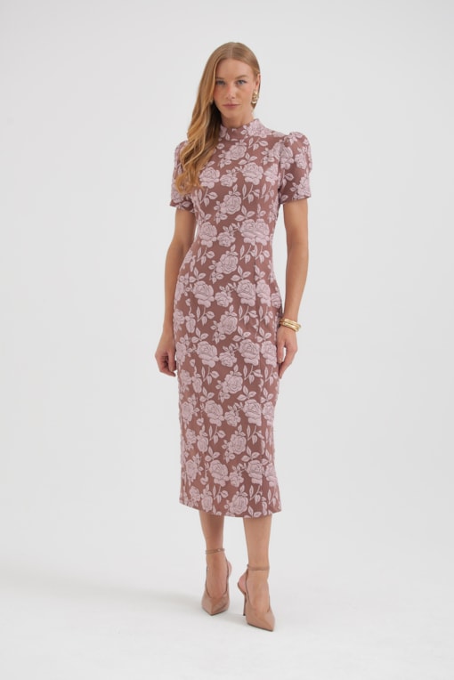 Vestido Jacquard Floral Manga Bufante Rosê