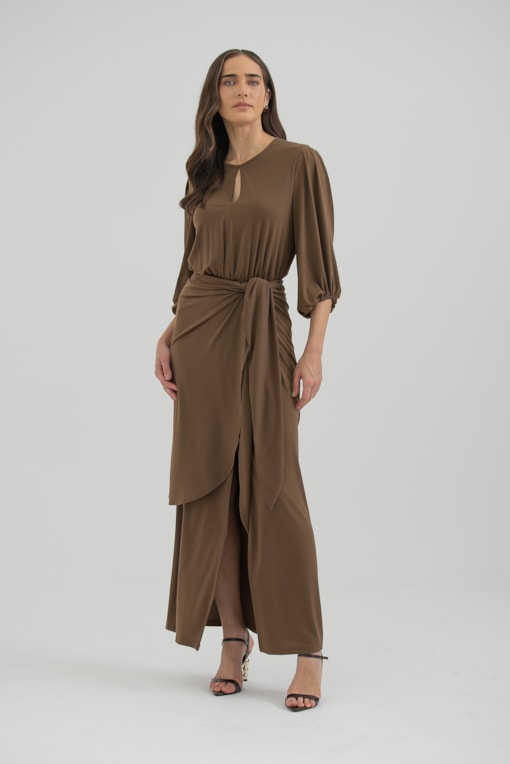 Vestido Jersei Manga Longa Com Saia Sobreposta Marrom