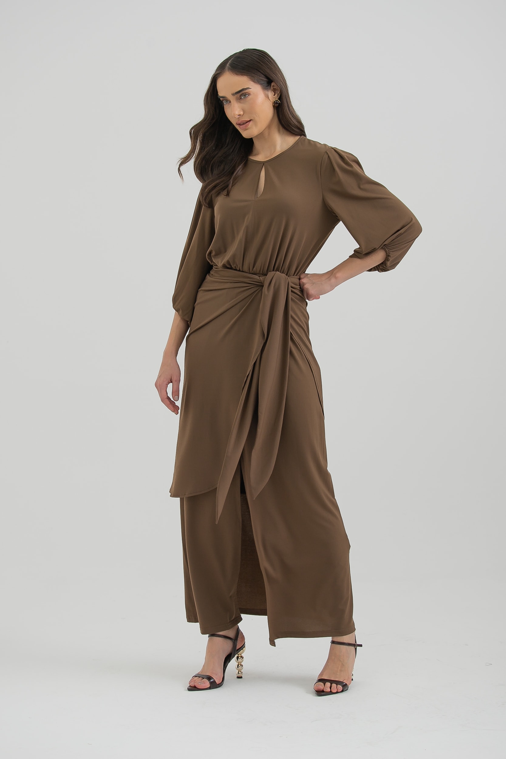 Vestido Jersei Manga Longa Com Saia Sobreposta Marrom