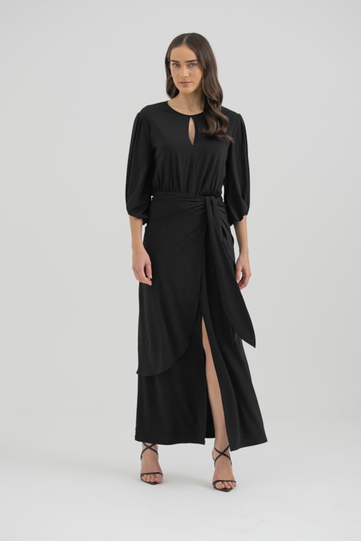 Vestido Jersei Manga Longa Com Saia Sobreposta Preto