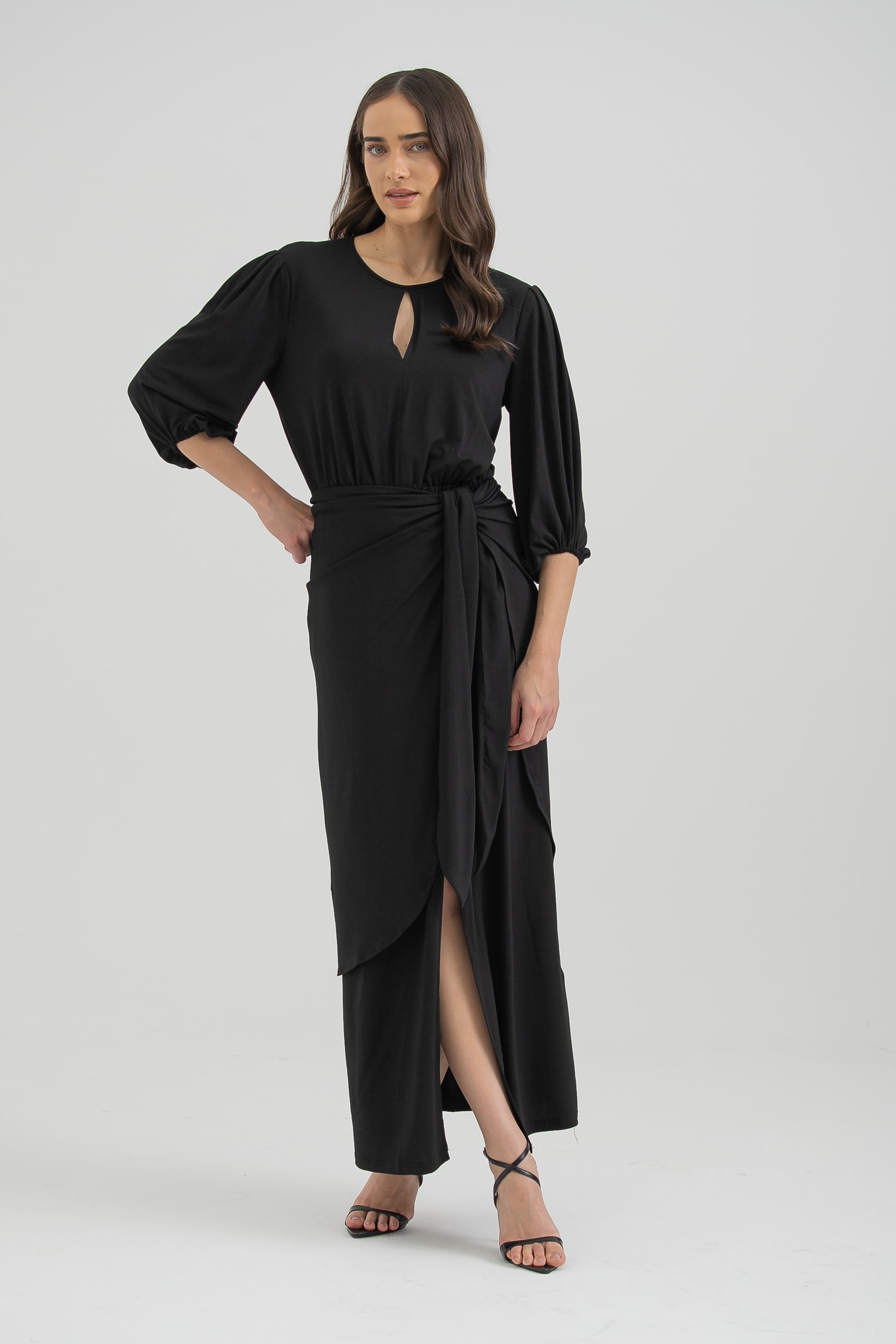 Vestido Jersei Manga Longa Com Saia Sobreposta Preto