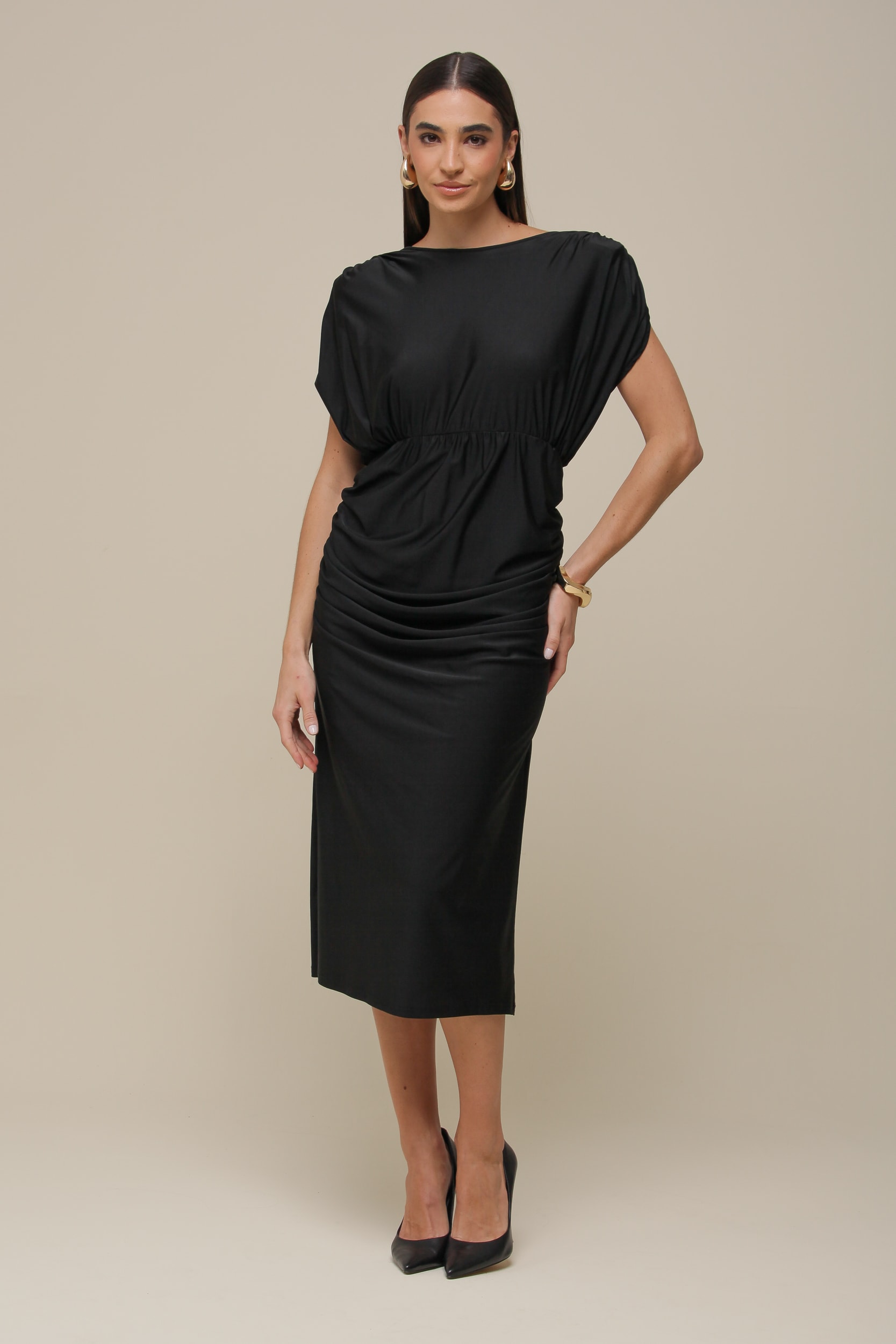 Vestido Jersey Drapeado Decote Costas   Preto
