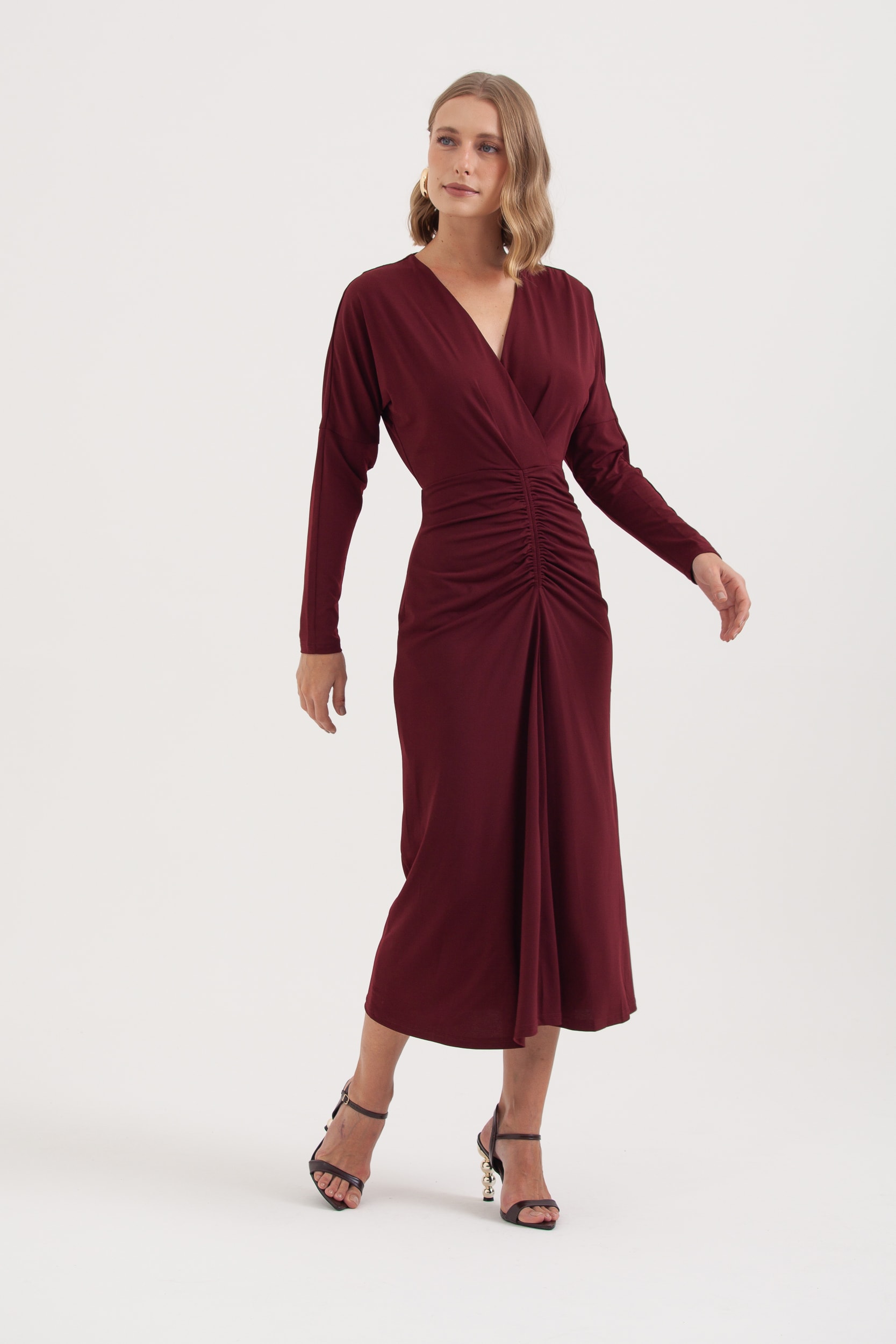 Vestido Jersey Manga Longa Franzido Frente Ameixa