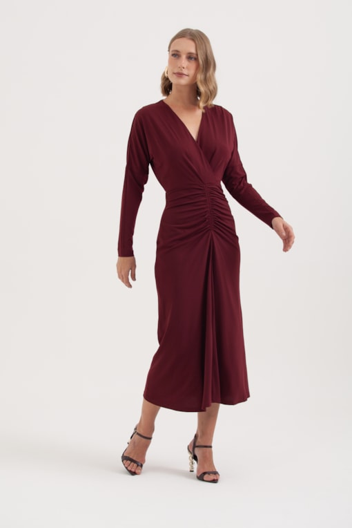 Vestido Jersey Manga Longa Franzido Frente Ameixa