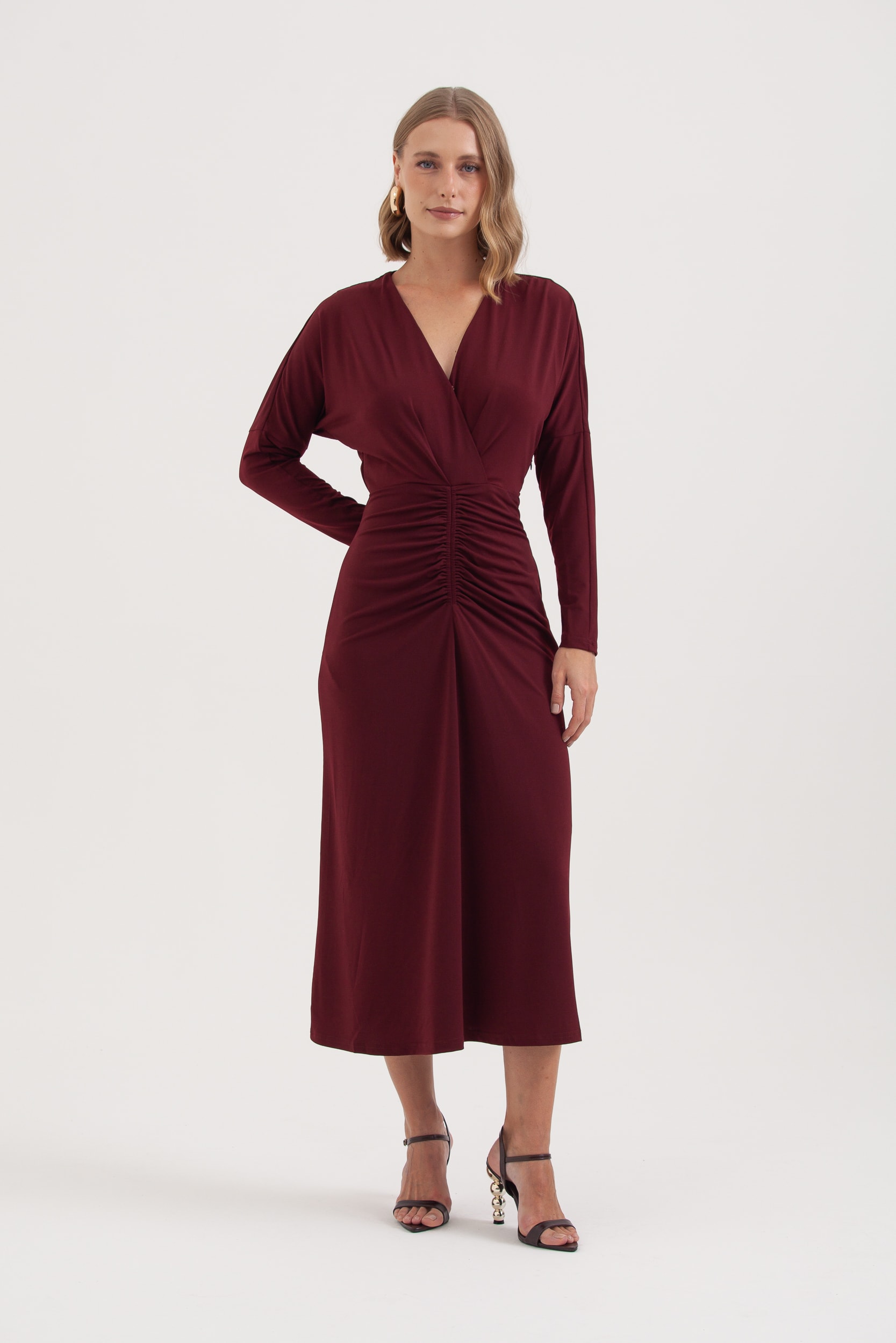 Vestido Jersey Manga Longa Franzido Frente Ameixa