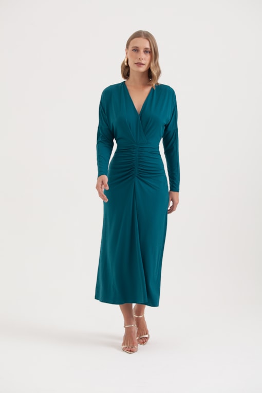 Vestido Jersey Manga Longa Franzido Frente Azul