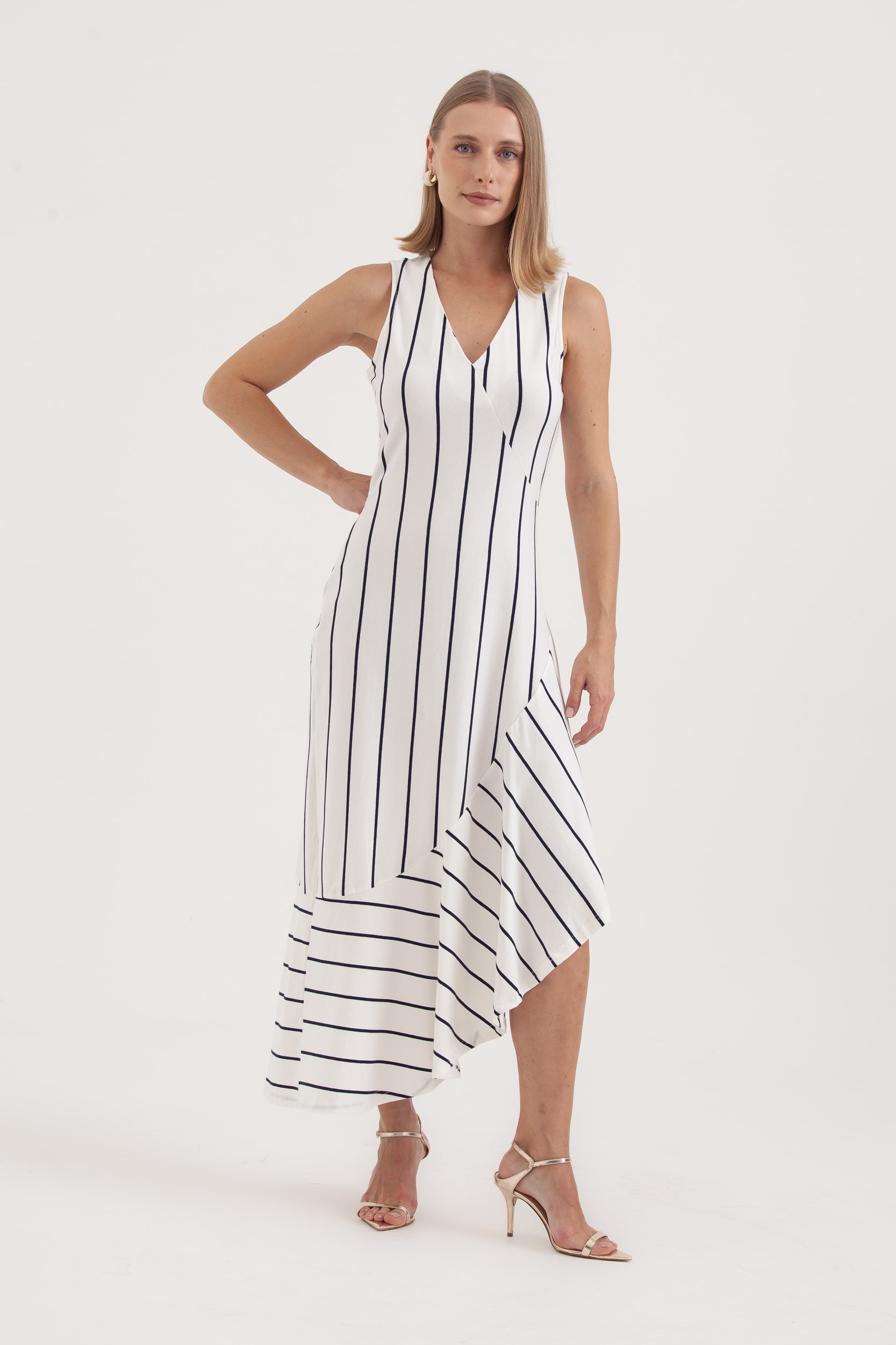 Vestido Listrado Babado Barra Branco