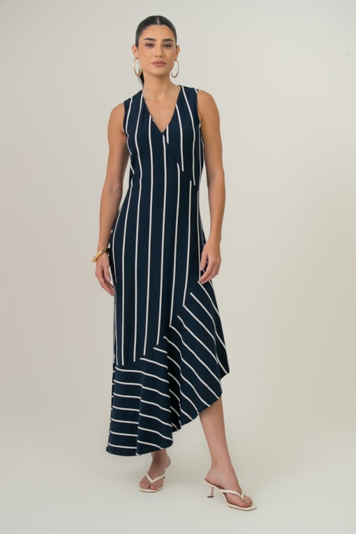 Vestido Listrado Babado Barra Marinho 