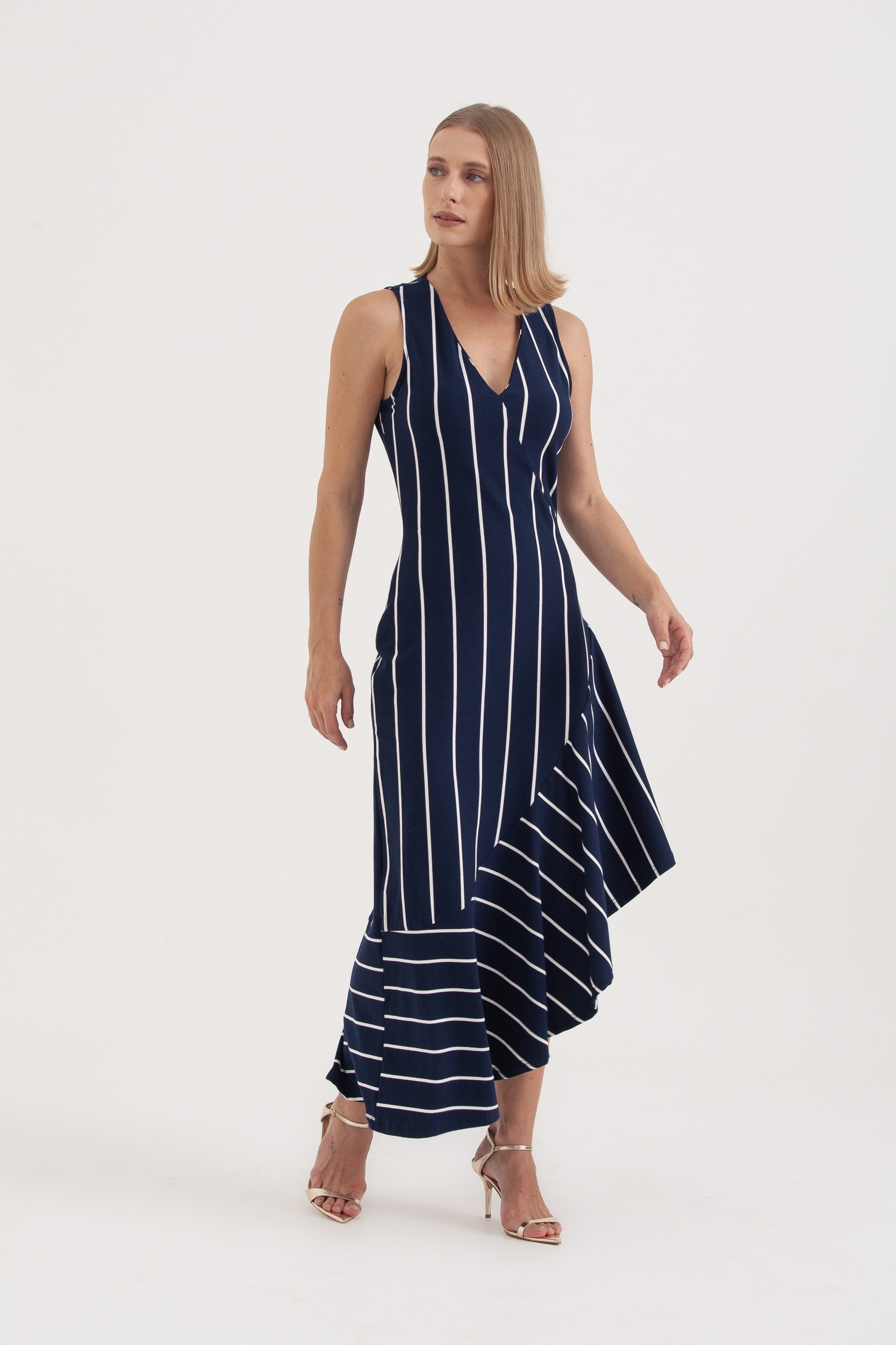 Vestido Listrado Babado Barra Marinho 