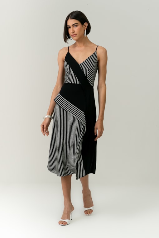 Vestido Listrado Com Liso Assimétrico Faixas Preto
