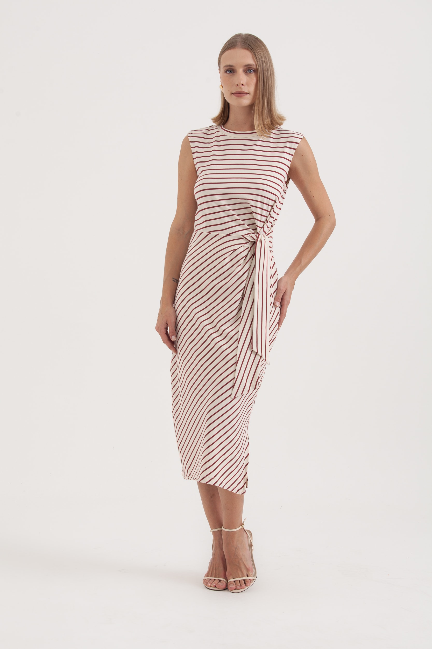 Vestido Listrado Horizontal Com Faixa Areia