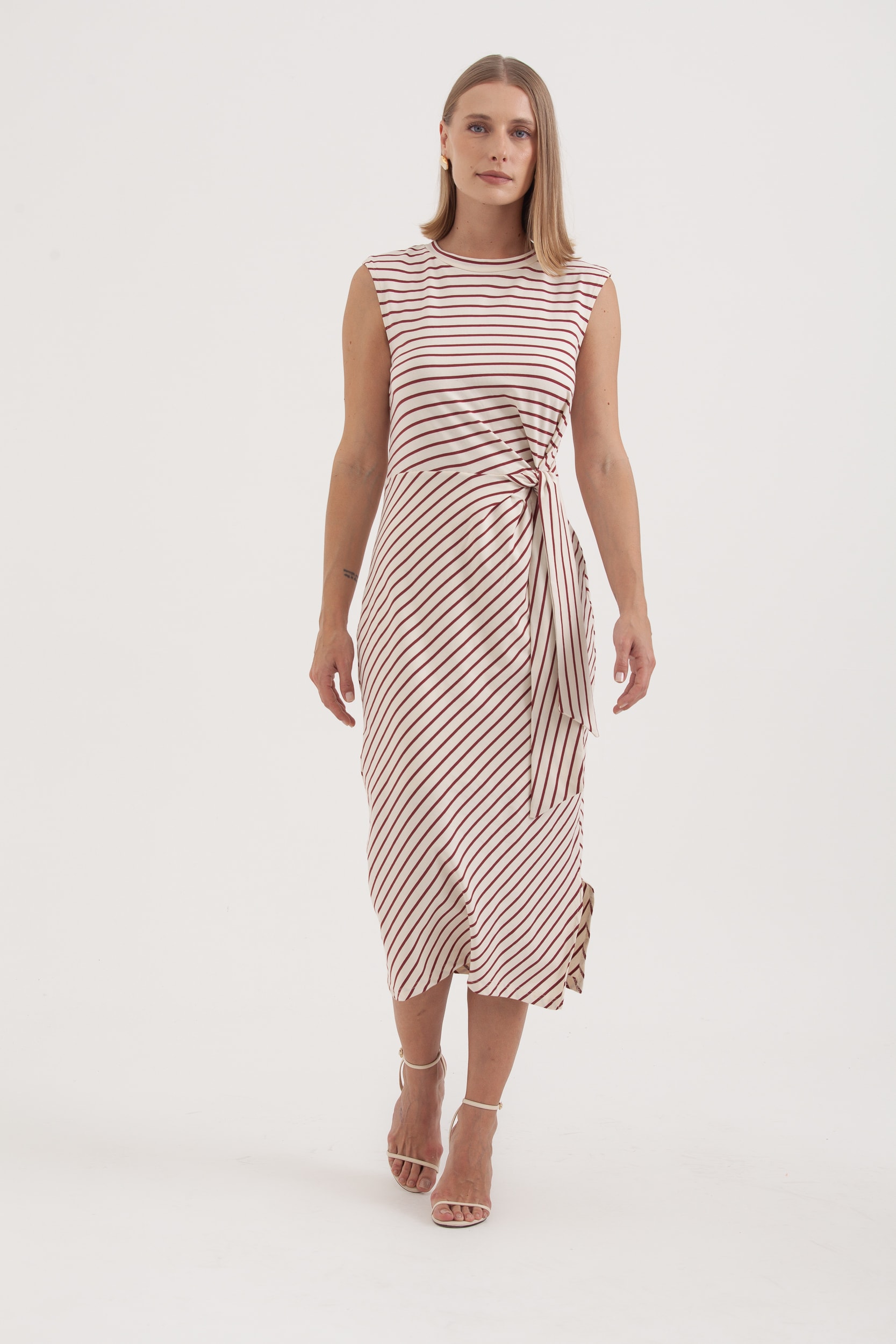 Vestido Listrado Horizontal Com Faixa Areia