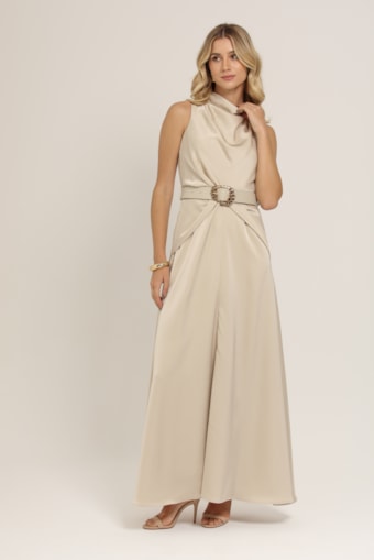 Vestido Longo Acetinado com Cinto Bege
