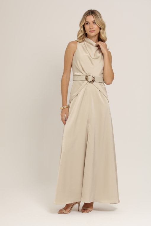 Vestido Longo Acetinado com Cinto Bege