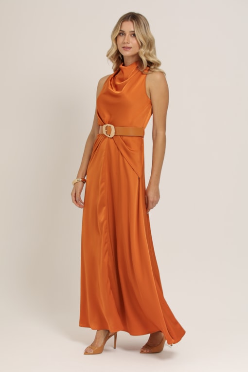 Vestido Longo Acetinado com Cinto Laranja