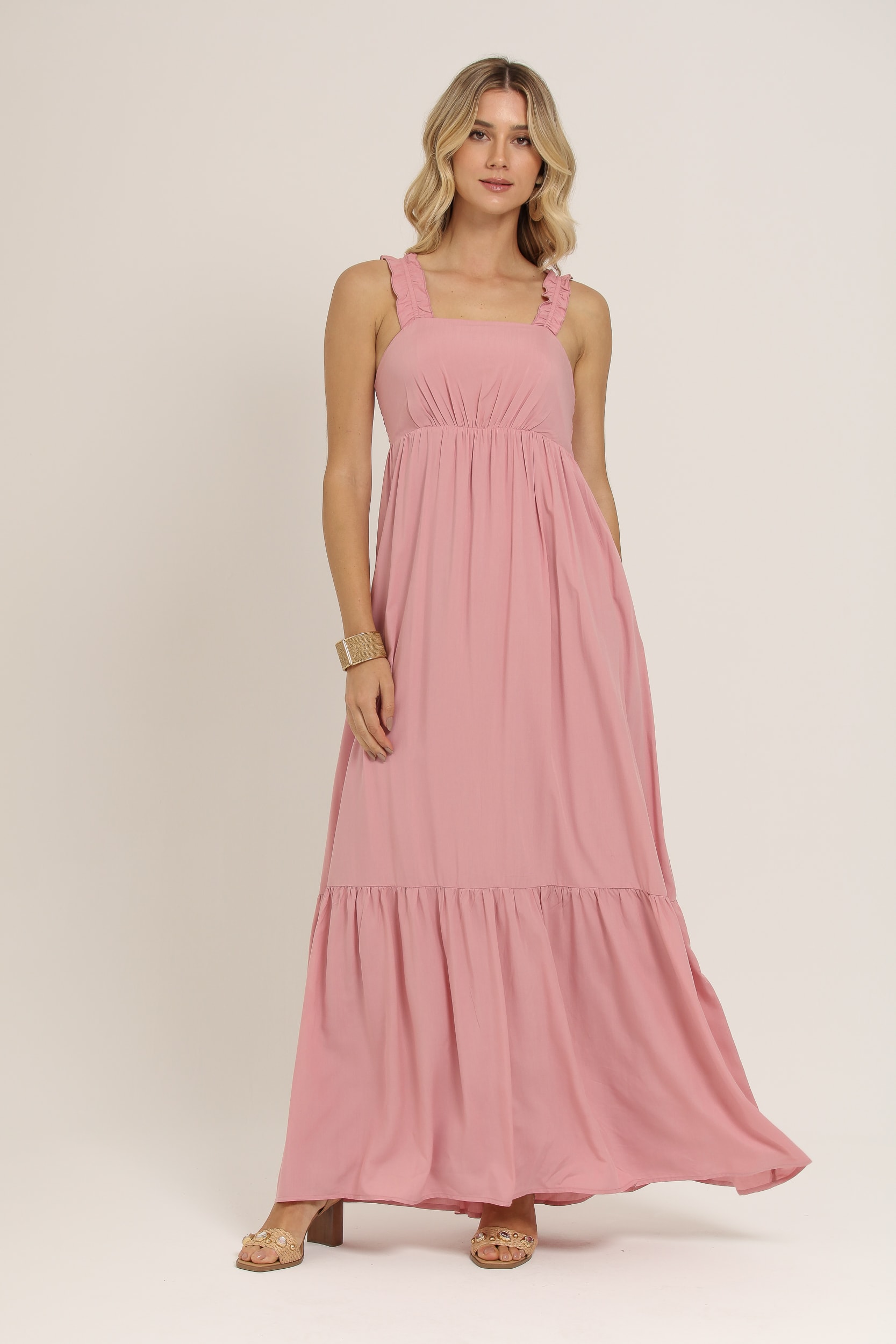 Vestido Longo Alça Babado Rosa