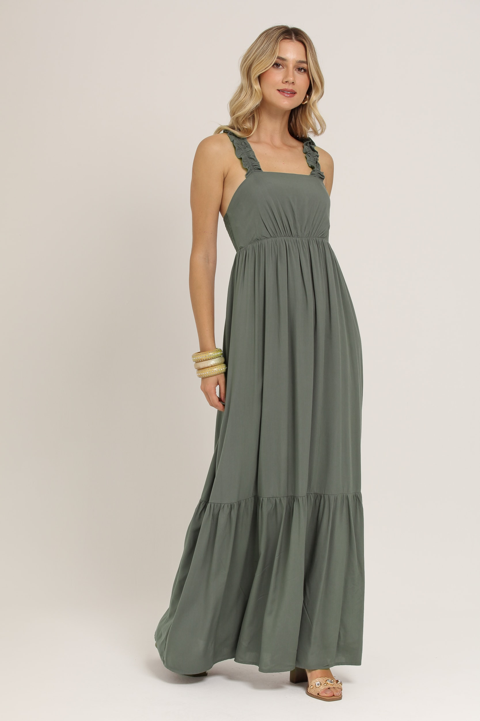 Vestido Longo Alça Babado Verde militar