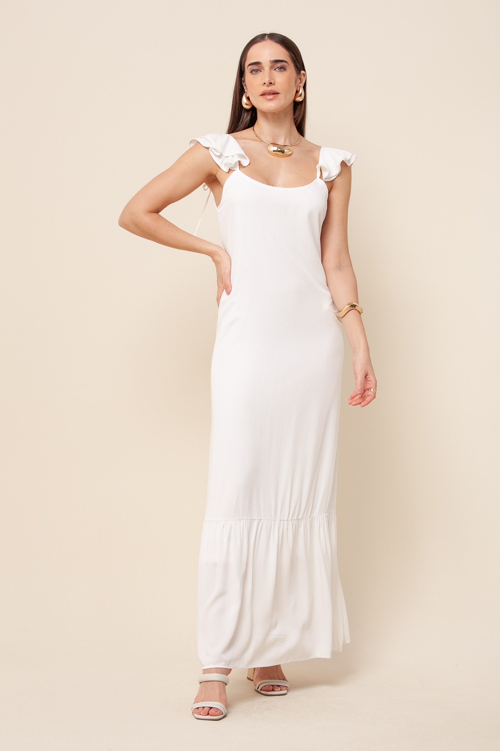 Vestido Longo Alças Babados Branco