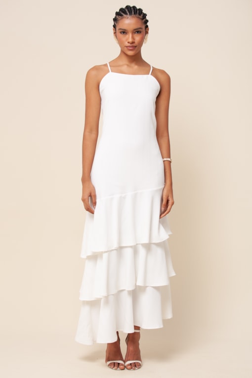 Vestido Longo Alfaiataria Babados Branco