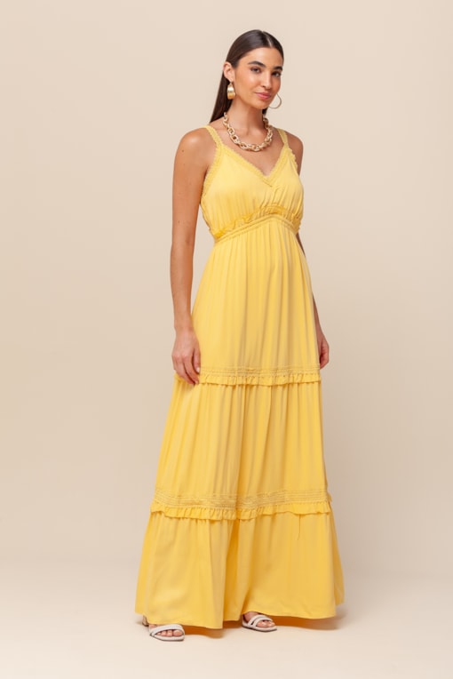 Vestido Longo Boho com Detalhes de Babados Amarelo