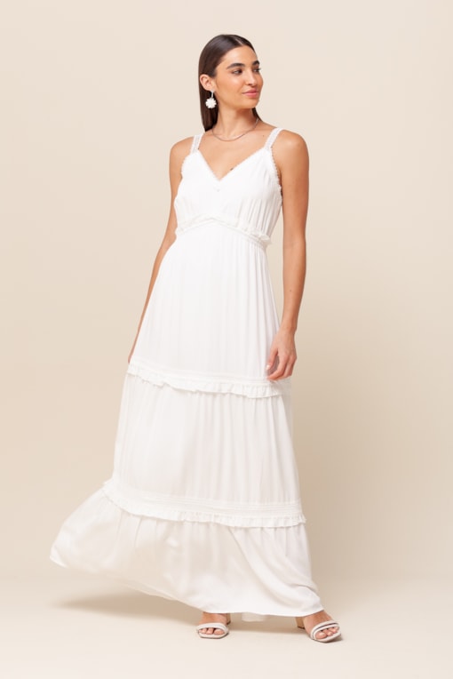 Vestido Longo Boho com Detalhes de Babados Off-white