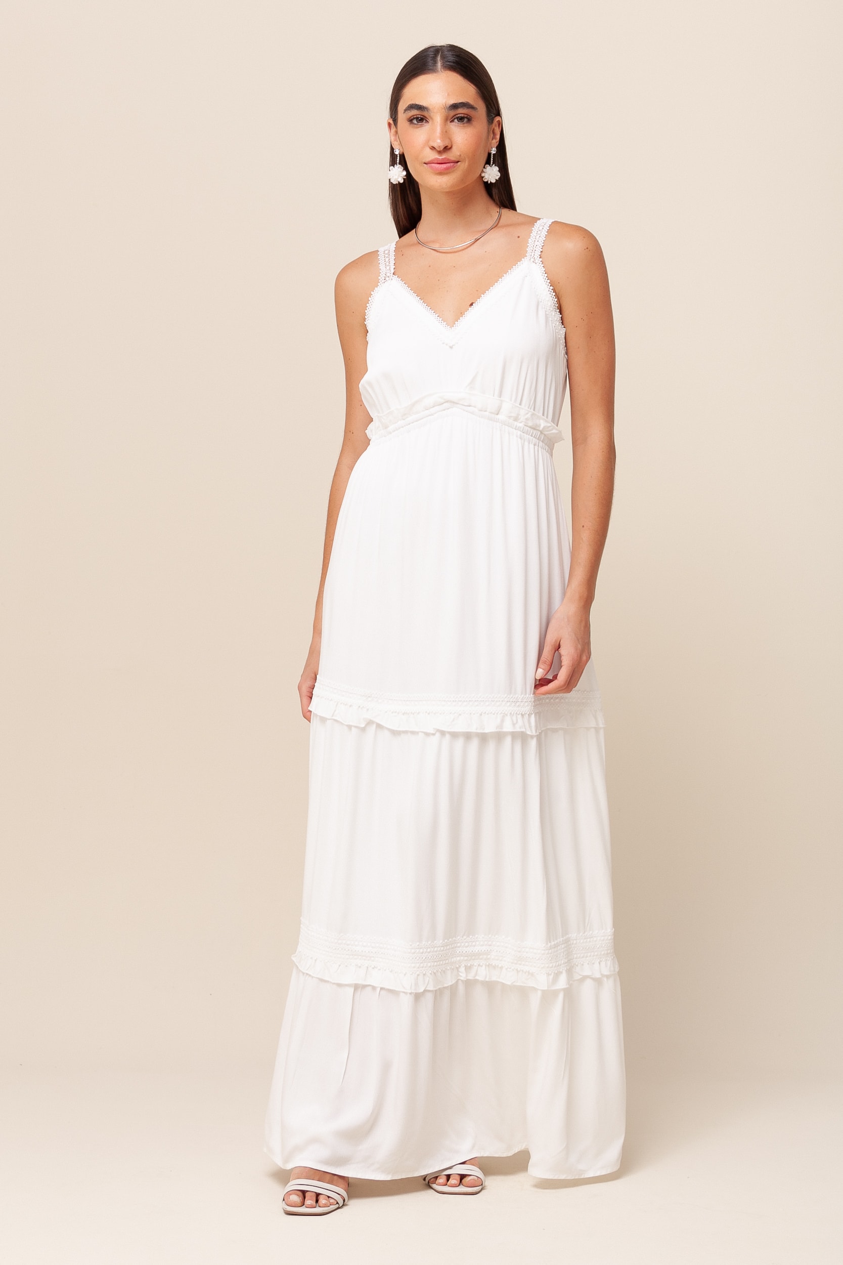 Vestido Longo Boho com Detalhes de Babados Off-white