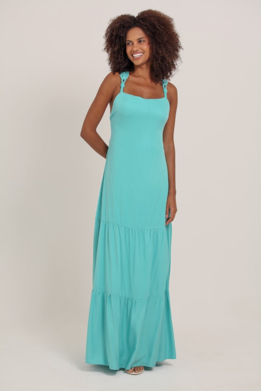 Vestido Longo Com Detalhe Corda Alça Verde água