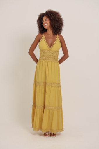 Vestido Longo Com Detalhes Em Guipir  Amarelo