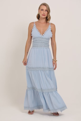 Vestido Longo Com Detalhes Em Guipir  Azul