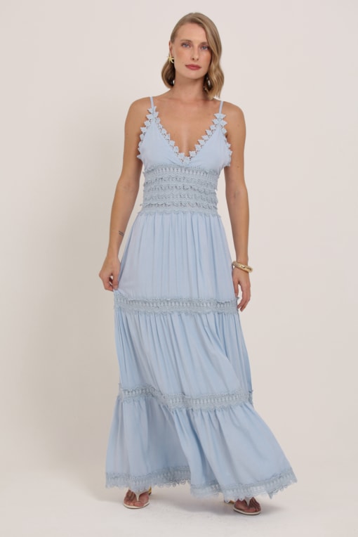Vestido Longo Com Detalhes Em Guipir  Azul