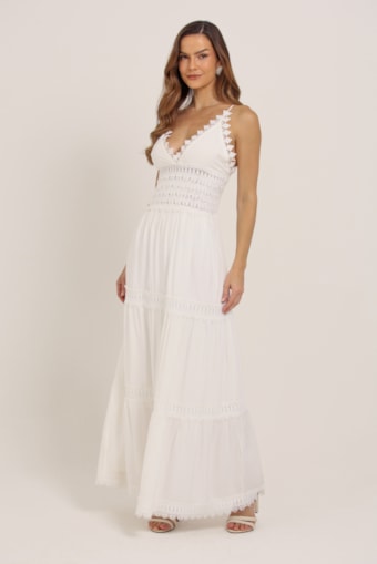 Vestido Longo Com Detalhes Em Guipir  Branco