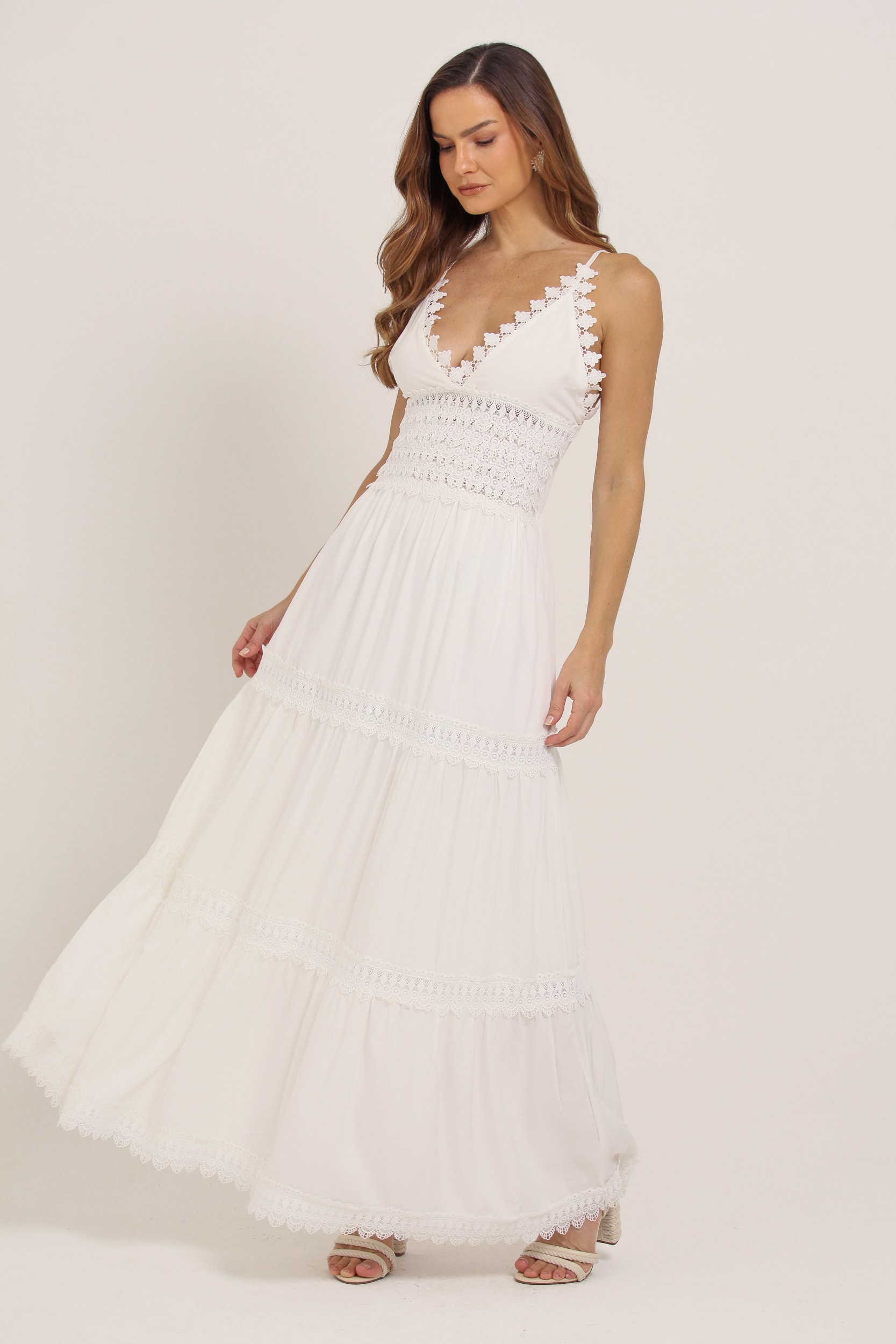 Vestido Longo Com Detalhes Em Guipir  Branco