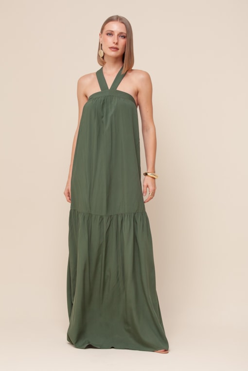 Vestido Longo Decote Cruzado  Verde 